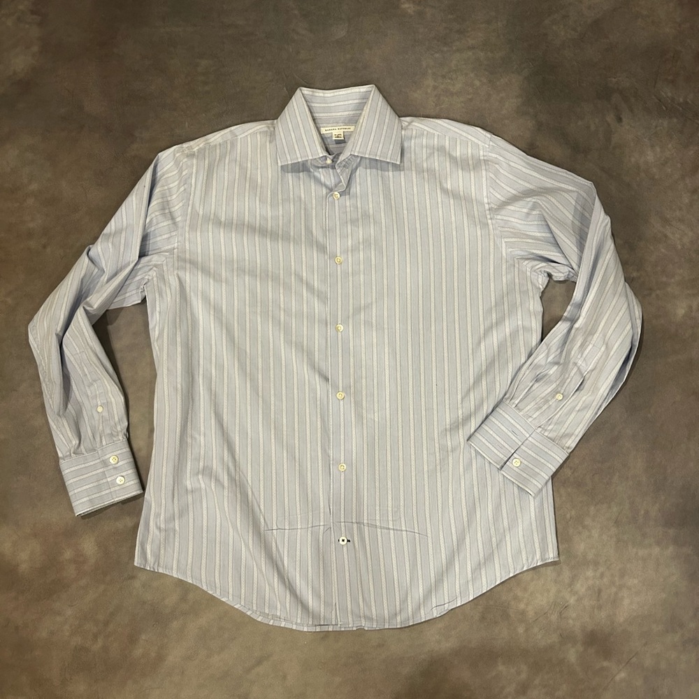 Light Blue Striped Men's Dress Shirt - Classic Button-Down size L